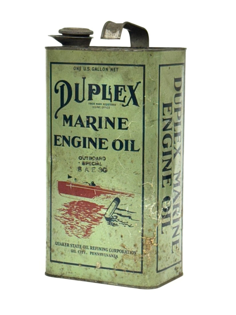 Duplex Marine Oil Can: Duplex Marine Oil Can. Early tin litho 1 gallon sized oil for Quaker State Co's Duplex brand marine engine oil. Image of speeding early motorboat. Handle is broke from one side of the can. I have made