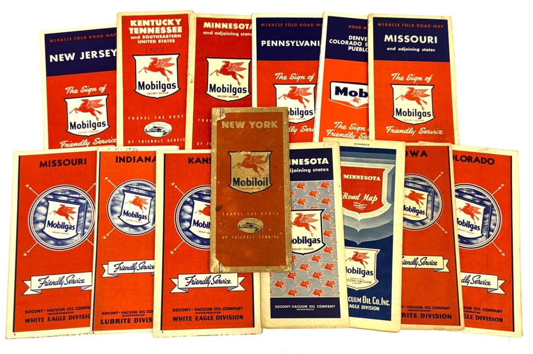 (14) Mobilgas Socony Promotional Road Maps: (14) Mobilgas Socony Promotional Road Maps. They Vary in age and condition.
