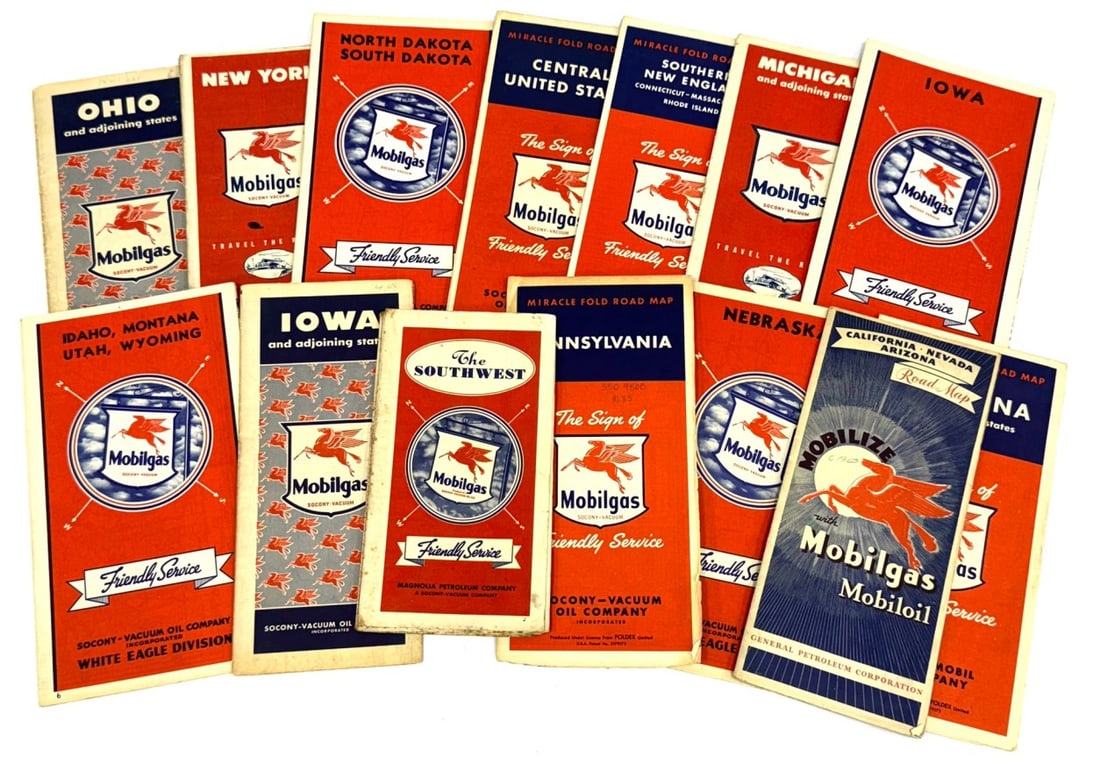 (14) Mobilgas Socony Promotional Road Maps: (14) Mobilgas Socony Promotional Road Maps. They Vary in age and condition.