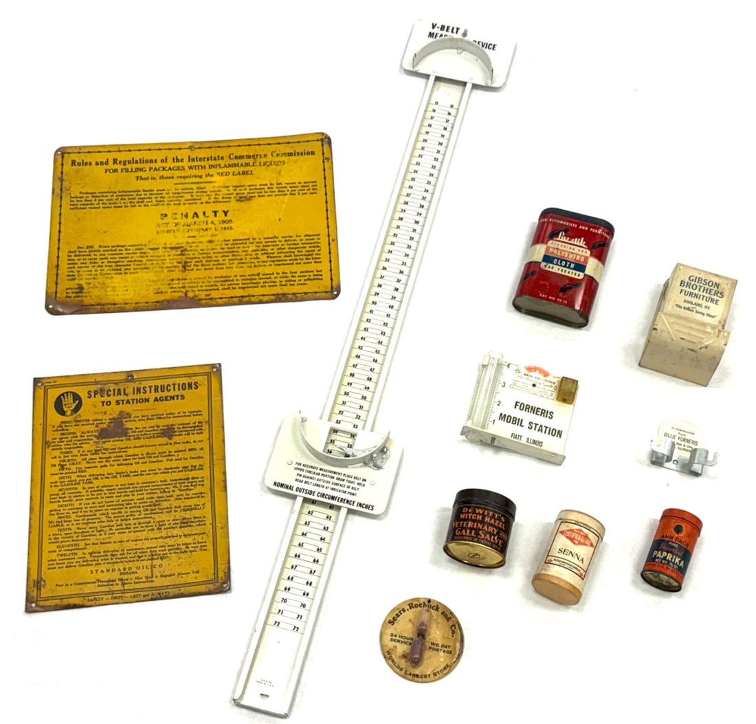 (11) Advertisement Memorabilia: (11) Advertisement Memorabilia including 1922 Standard Oil Signs, AMD V-Belt Measuring Device, Cans, and more. Items vary in condition and age.