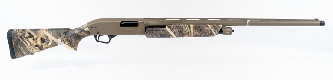 Winchester Super X Pump 12 Ga Pump Shotgun: Winchester Super X Pump 12 Ga Pump Shotgun. Features a 26in barrel with a .660 ported choke, vented rail, tan finish, and synthetic camo stock. Shotgun is in very nice condition with light wear from u
