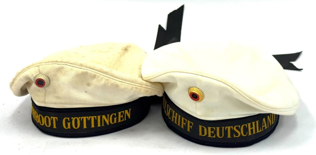 Two German White Sailor's Hats with Ribbons: Two German White Sailor's Hats with Ribbons