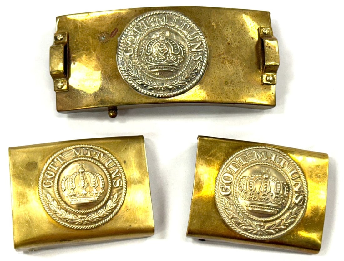 (3) German Prussian Brass Belt Buckles: (3) German Prussian Brass Belt Buckles. Belt Buckles vary in condition with finish loss and wear from use and age. Measures 2 1/2" x 2" and 4" x 2"