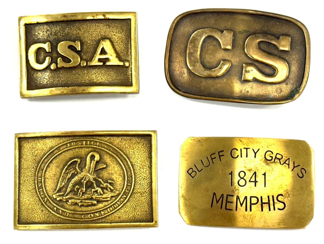 (4) Replica Brass Civil War Belt Buckles: (4) Replica Brass Civil War Belt Buckles. Belt Buckles appear to be in overall good condition and measures 3" x 2"