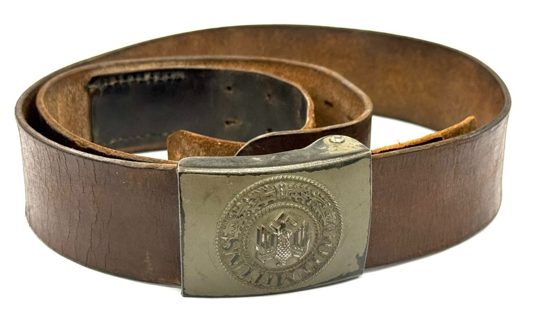 German WW2 Army Heer Belt Buckle and Belt: German WW2 Army Heer Belt Buckle and Belt. Belt Buckle is Inscribed on front with "Got Mit Uns" and on back with JFS. Belt is dated 1940 and Belt Buckle and Belt are in overall good condition with som