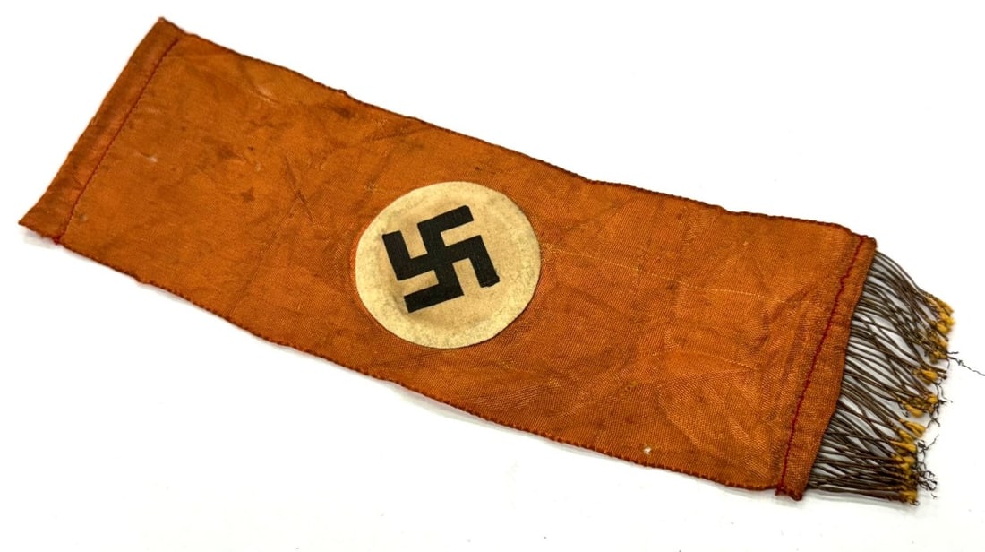 German WW2 Funeral Banner: Double Sided WW2 German Funeral Banner. Banner is made of silk and has some minor damage. Banner measures 3" x 9 1/2"