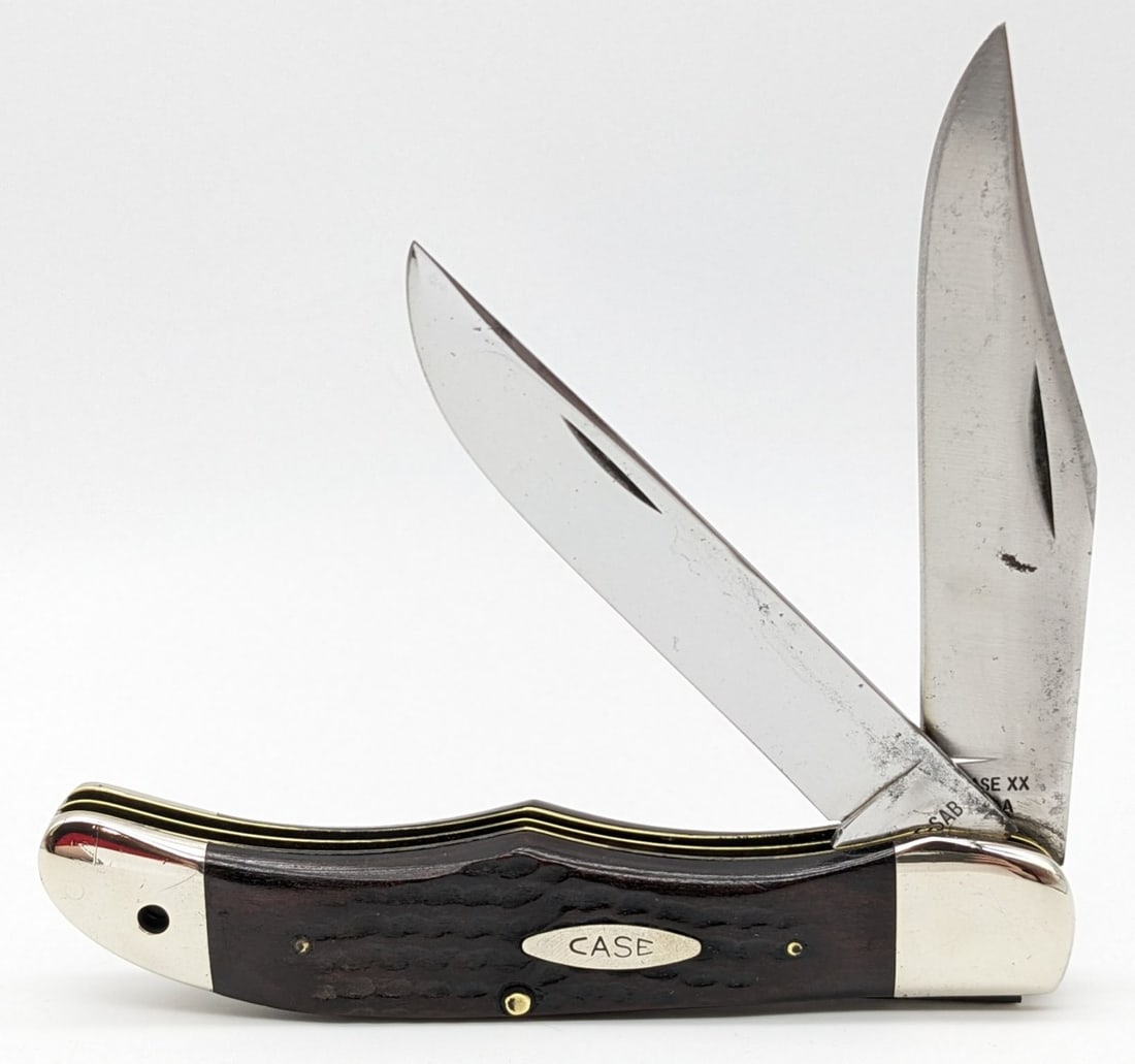 1979 Case XX Wooden Folding Hunter 6265-SAB: Knife is in good aged condition with lightly used blades with traces of some heavy pitting that has been cleaned, polished bolsters with some scratches, and nice wood handle scales with light wear fro