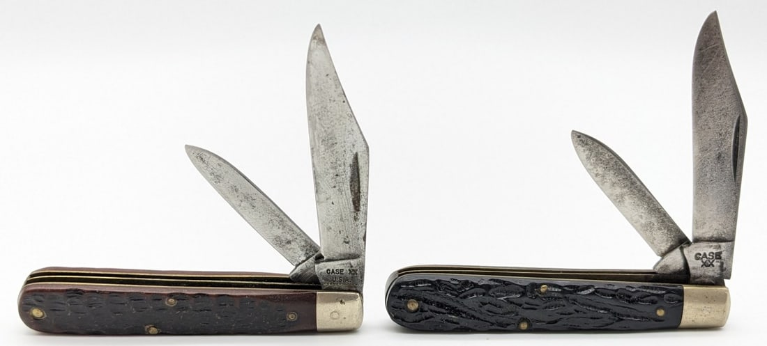 1940-64 & 1970 Case XX Rough Black & Delrin Jack Knives: Knives are in used condition with scratches and pitting on the blades, scuffs and dings on the bolsters, and scuffs and general wear on the handle scales. Overall measures 3-3/8in when closed.