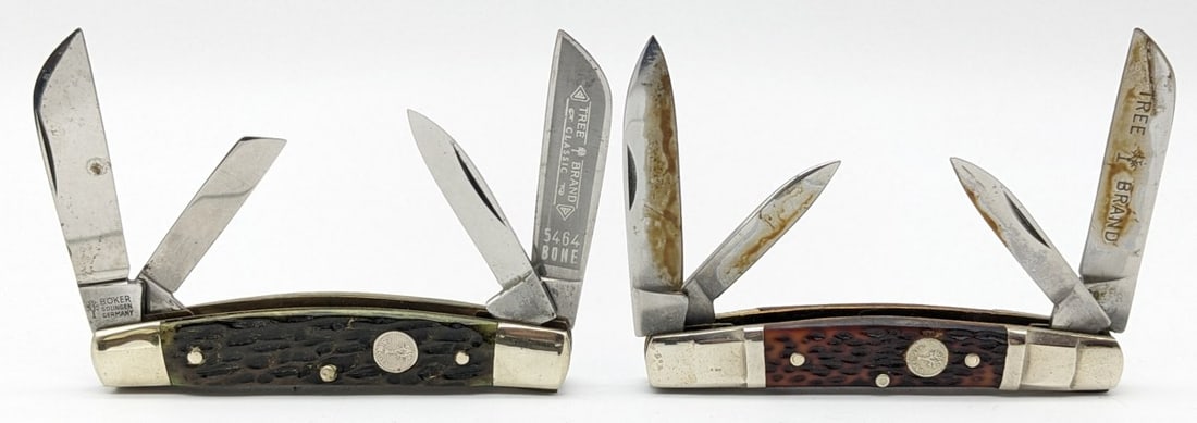 Boker Tree Brand Jig Bone & Delrin Congress Knives: The Delrin Congress has dried oil on the blades and some tarnishing on the bolsters and could use a cleaning. The Jig Bone Congress has carbon spotting on the blades, and tarnishing on the bolsters fr