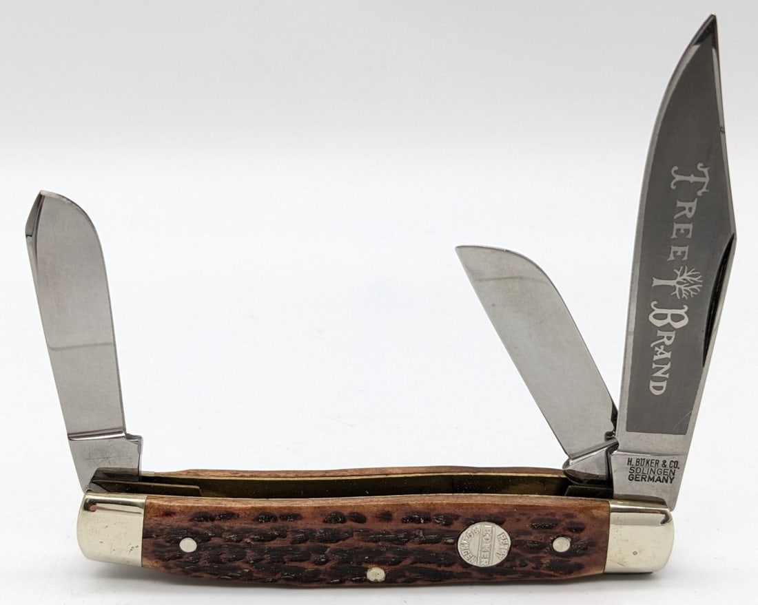 Henry Boker Tree Brand Jig Bone Stockman: Knife is in very nice condition with light wear from handling. Overall measures 4in when closed.