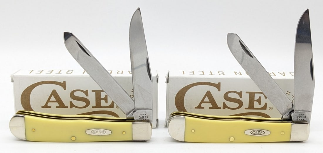 (2) 2024 Case XX Synthetic Yellow Trappers w/ Boxes 3254: Knives are in very nice condition with minimal wear from handling. Overall measures 4-1/8in when closed.