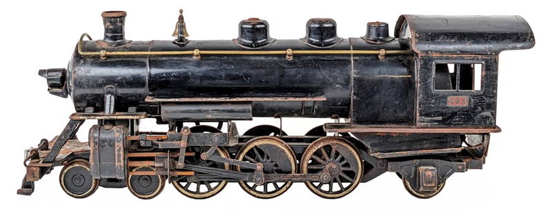 Original Buddy L Outdoor Railroad #963 Train Engine: Original Buddy L Outdoor Railroad #963 train engine. The engine still has the original decals present. The train engine shows paint loss, surface rust, and wear from use / age. The front coupler was r