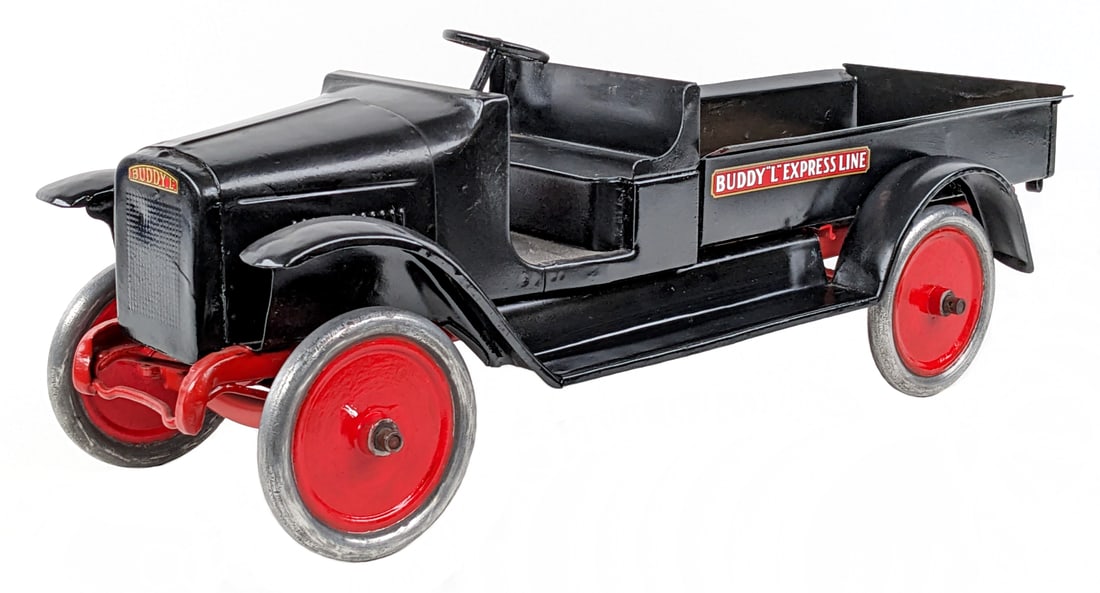 Custom Buddy L Express Line Truck: Custom Buddy L Express Line truck. The truck is painted in black overall with red center disc wheels and a custom wood slatted bed insert. The truck does have some paint streaks. Measures approximatel