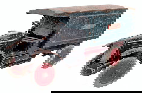 Original Buddy L Express Line Truck: Original Buddy L Express Line truck. The truck is missing the rear doors. The truck has paint loss, surface rust, and wear from age. The original Buddy L decals are still present. An all original Budd