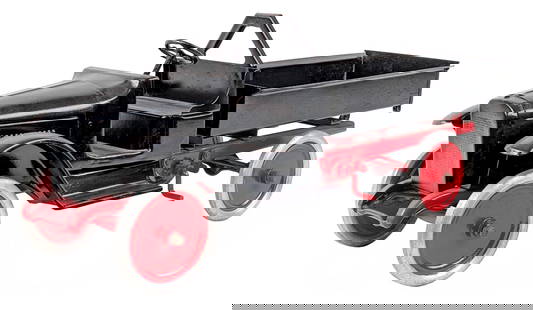 Buddy L "A" Frame Dump Truck: Repainted Buddy L "A" frame dump truck. The truck has an older restoration. The truck shows pitting and wear from age. It is missing the chain for the dump bed mechanism. Measures approximately 25" lo