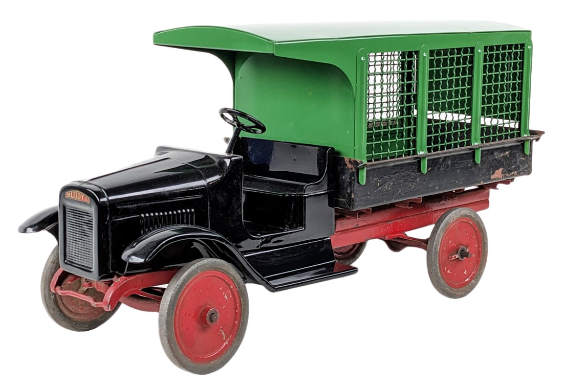 Buddy L Express Line Truck: Partially restored Buddy L Express Line truck. The cab and the green caged bed have been restored, the rest appears original or overpainted. The green bed does have a small chip on the top. The bed an