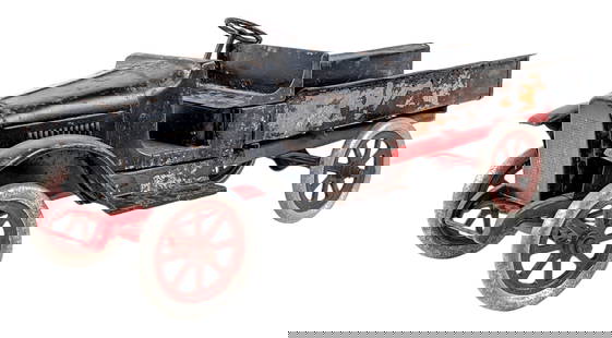 Buddy L Express Truck: Buddy L Express Truck. The truck is missing the fenders and tailgate. The truck has rust damage, overpaint, and wear from play / age. Measures approximately 24" long.