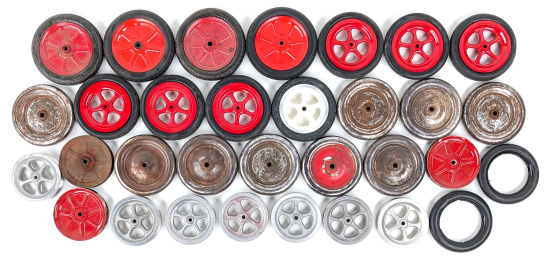 Keystone, Buddy L, and Kelmet Truck Tires / Wheels: Keystone, Buddy L, and Kelmet truck tires / wheels. Some are newer reproduction wheels, some have been repainted, and the rest are original with wear from age. Largest measures 5" in diameter.