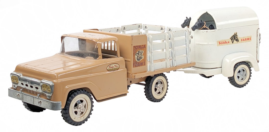 Original Tonka Farms Stake Bed Truck w/ Horse Trailer & Horses (1 of 11)