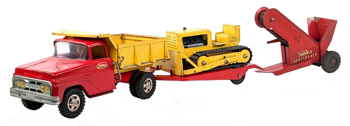 Tonka Dump Truck w/ Tilt Trailer, Bulldozer, & Sand Loader