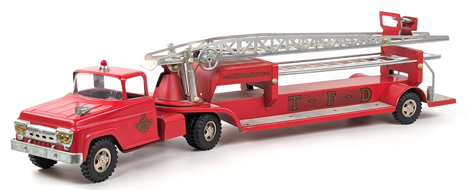 Original Tonka No. 5 Aerial Ladder Fire Truck: Original Tonka No. 5 aerial ladder fire truck. The crank to extend the ladder works, but the hydraulic to raise the ladder does not. The truck has minor paint loss and light play wear. Measures approx