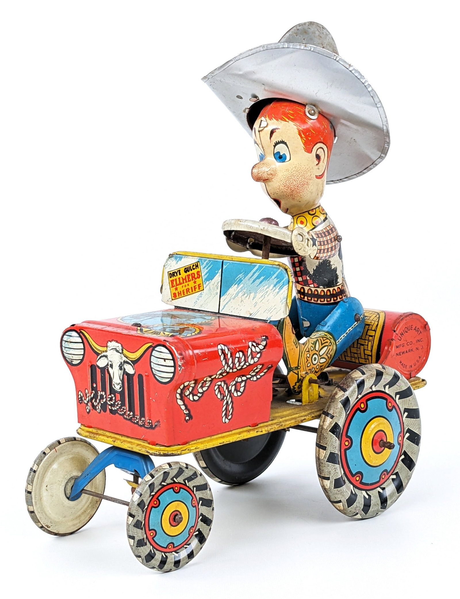 Unique Art Tin Windup Rodeo Joe: Unique Art tin windup Rodeo Joe. The windup mechanism needs some adjustments in order to work properly. It has some paint loss and wear from play / age. Measures approximately 7-1/2" long.