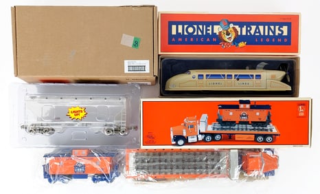 Lionel Flatbed Truck w/ Caboose, Windup Train & Menards Transparent Hopper