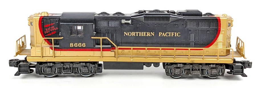 Lionel 8666 Northern Pacific GP-9 Powered Diesel Locomotive: Lionel 8666 Northern Pacific GP-9 powered diesel locomotive. The loco shows wear from running and handling.