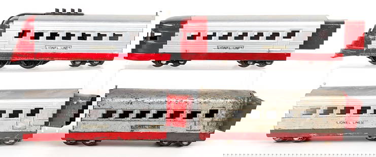 Lionel 1700E Streamliner Passenger Set: Lionel 1700E streamliner passenger set. The set has some areas of repaint, paint loss, surface rust, and wear from use / age.