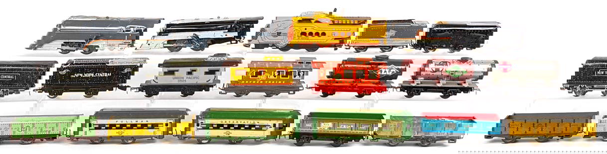 Marx, Hafner, & Wyandotte Tinplate Train Locomotives & Cars: Marx tinplate train locos and cars. Includes Union Pacific engine with caboose, Hafner engine with ender, CMStP&P engine with tender, passenger cars, extra tenders, tank cars, and caboose. The Hafner