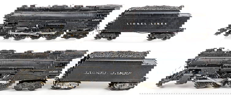 Lionel 2055 2056 Locomotives and Tenders: Lionel 4-6-4 locomotive #2055 with tender, and 2056 locomotive with tender. The 2056 locomotive is missing the front wheel set. All showing paint loss and wear from use / age.