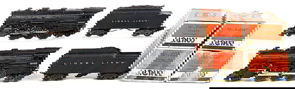 Lionel 2025 & 2035 Locomotives with Tenders: Lionel 2025 locomotive with tender and 2035 locomotive with tender. Both locomotives and tenders showing paint loss and wear from age. All boxes are missing flaps and have wear / tear. The 2046w and 2