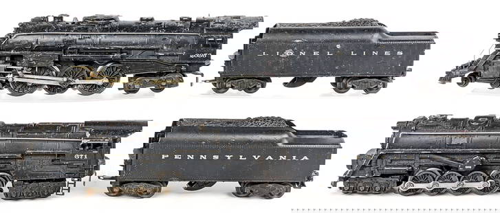 Lionel 671 & 2056 Locomotives with Tenders: Lionel 6-8-6 locomotive #671 with Pennsylvania tender, and 4-6-4 locomotive #2056 with Lionel Lines tender. The Lionel Lines 2046 tender has some damage to the rear. All showing paint loss and wear th