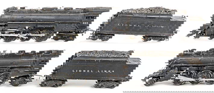 Lionel 224E & 665 Locomotives with Tenders: Lionel 2-6-2 locomotive #224E with tender and 4-6-4 locomotive #665 with tender. All showing paint loss and wear from use / age. All could benefit from detailed cleanings.