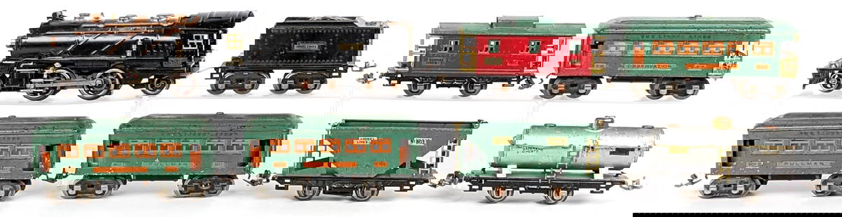 Lionel 262 Engine & Tender With Cars: Lionel 262 engine with tender and cars. Includes (2) 607 Pullman passenger cars, 608 observation car, 803 hopper, 804 tank car, 807 caboose, and 262 engine with tender. All showing paint loss and wear