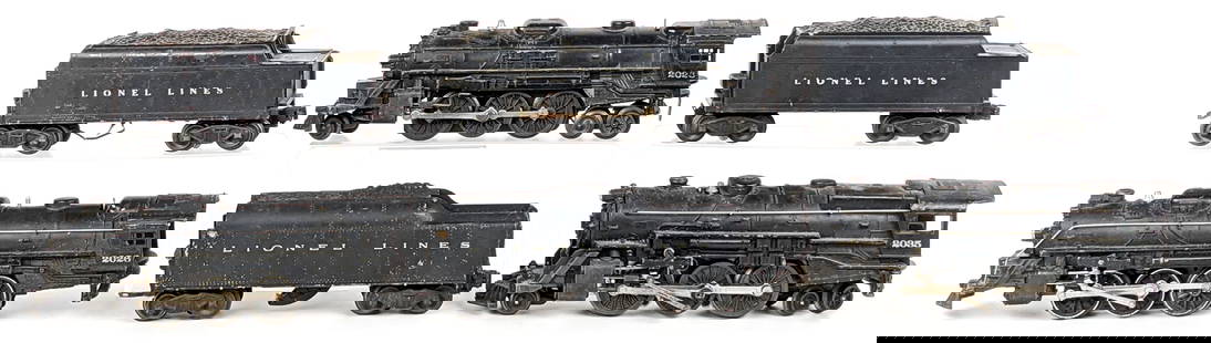 Lionel 2035 & (2) 2026 Locomotives w/ Tenders: Lionel 2035 and (2) 2026 locomotives with tenders. One of the 2026 locomotives is missing the wheel sets. All items are showing paint loss and wear from use / age.