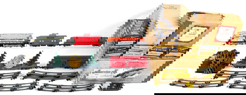 American Flyer 5012-T Freight Train Set: American Flyer 5012-T freight train set. The set includes 370 GM GP7, 636 depressed center car with cable, 627 girder car (incorrect box), 633 box car, 630 caboose, and No. 2 transformer. The 370 trai