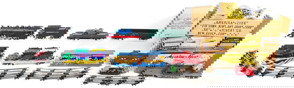 American Flyer Train Set: American Flyer Train Set. The set includes a #342 0-8-0 engine with tender, #643 circus flat car with 2 cages, 631 gondola, 630 caboose, 7210 Erie Spotlight car, 715 auto unloading car with Tootsietoy