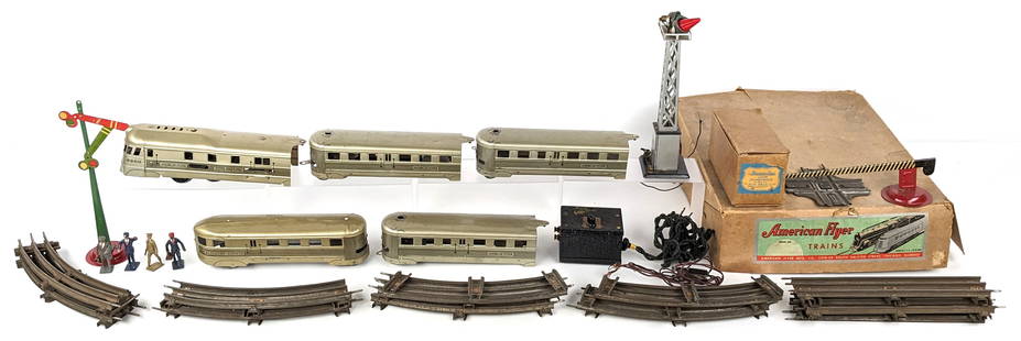 American Flyer 9900 Burlington Zephyr Train Set: American Flyer 9900 Burlington Zephyr train set in the original box. The box is missing the graphic / label. The set includes the transformer, track, and other accessories. The box has wear / tear. Th