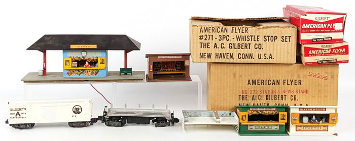 American Flyer News Stand, Whistle Stop, Milk Car & Log Unloading Car