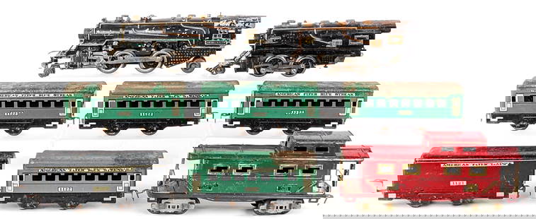 American Flyer Engines w/ Tinplate Cars: Includes (2) American Flyer engines, 1121 tender, (4) 1122 passenger cars, and caboose. Fairly rough condition with paint loss and surface rust.