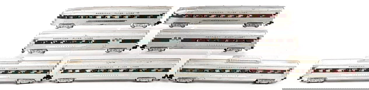 (7) American Flyer Lines Passenger Cars: (7) American Flyer Lines passenger cars. Includes (2) 962 Hamilton vista dome cars, (2) 963 Washington observation cars, (2) 960 Columbus cars, and (1) 961 Jefferson Coach car. All showing a good amou