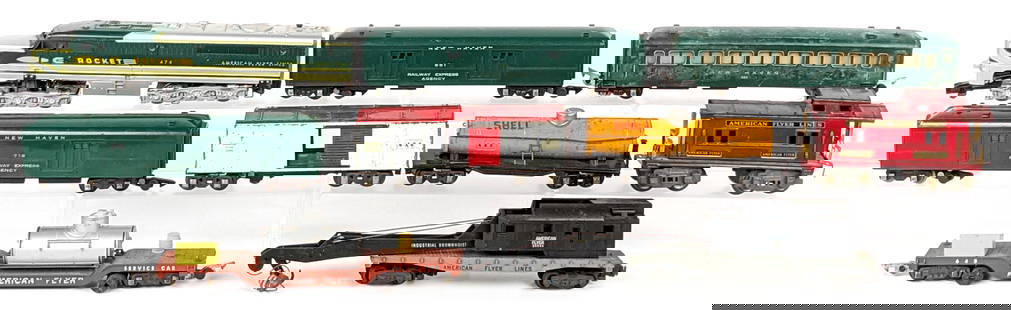 American Flyer 474 478 480 718 648 650 651 24543: American Flyer 474 Rocket Alco diesel engine, 478 boxcar, 480 Shell tanker, 718 NH mail pickup car, 648 track cleaner, 650 NH passenger, 651 NH REA baggage car, and 24543 Industrial Brownhoist crane c