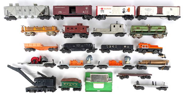 (20) Lionel / American Flyer Train Cars: (20) Lionel and American Flyer train cars. Includes crane car, boxcars, track cleaner, automatic dump car, refrigerated milk car, and much more. The cars vary in condition and age. All showing wear fr