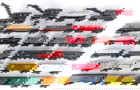(25) Lionel Train Cars: (25) Lionel train cars. Includes automatic dump car, crane cars, tank cars, hopper cars, box cars, livestock cars, searchlight car, work caboose, and more. Items vary in age and condition. Most showin
