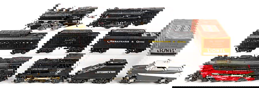 Lionel 2055 Engine w/ Tender, 42 Switcher, B&O Engine, & Inspection Car: Includes Lionel 2055 engine with 6026W tender in box, 41 U.S. Army Switcher, Inspection Car, B&O 23 engine with tender, Allstate tender, C&O tender, and Marx? engine. The inspection car has damage and