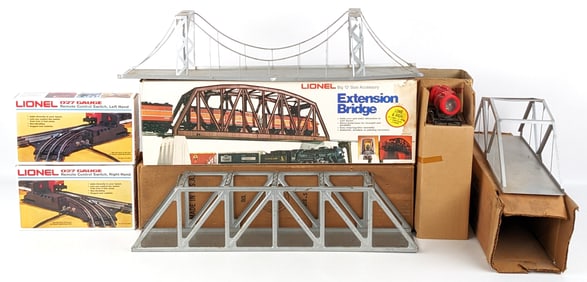 Lionel Trestle Bridge, Extension Bridge, Track Switches, & Marx Searchlight Tower