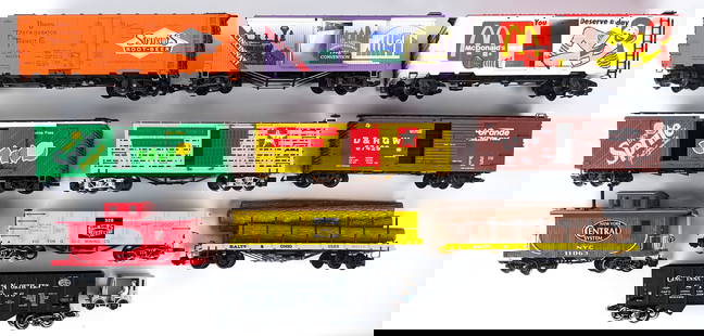 (1) G Scale Speedster and (10) Train Cars: Includes USA Trains Southern Pacific 182 motorized speedster, Piko Cincinnati Northern hopper, LGB McDonald's box car, Aristo-Craft Union Refrigerator Transit Co. Stewart's Root Beer car, Piko NYC 110