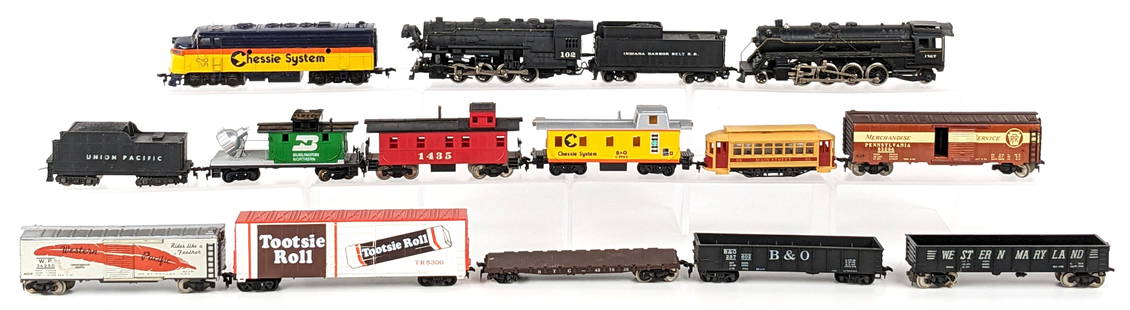 HO Scale Train Engines & Train Cars: HO Scale train engines and cars. Includes Rivarossi 1-8-0 Indiana Harbor Belt #102 engine and tender, Bachmann Chessie System 7071 engine, Main Street 65 trolley, caboose #1435, Burlington Northern wo