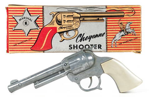 Hamilton Line Cheyenne Shooter Cap Gun w/ Box: Hamilton Line Cheyenne Shooter cap gun in the original box. The box has one loose small flap and staining on the box. The gun is in excellent condition and works. Box measures 10-1/2" long.